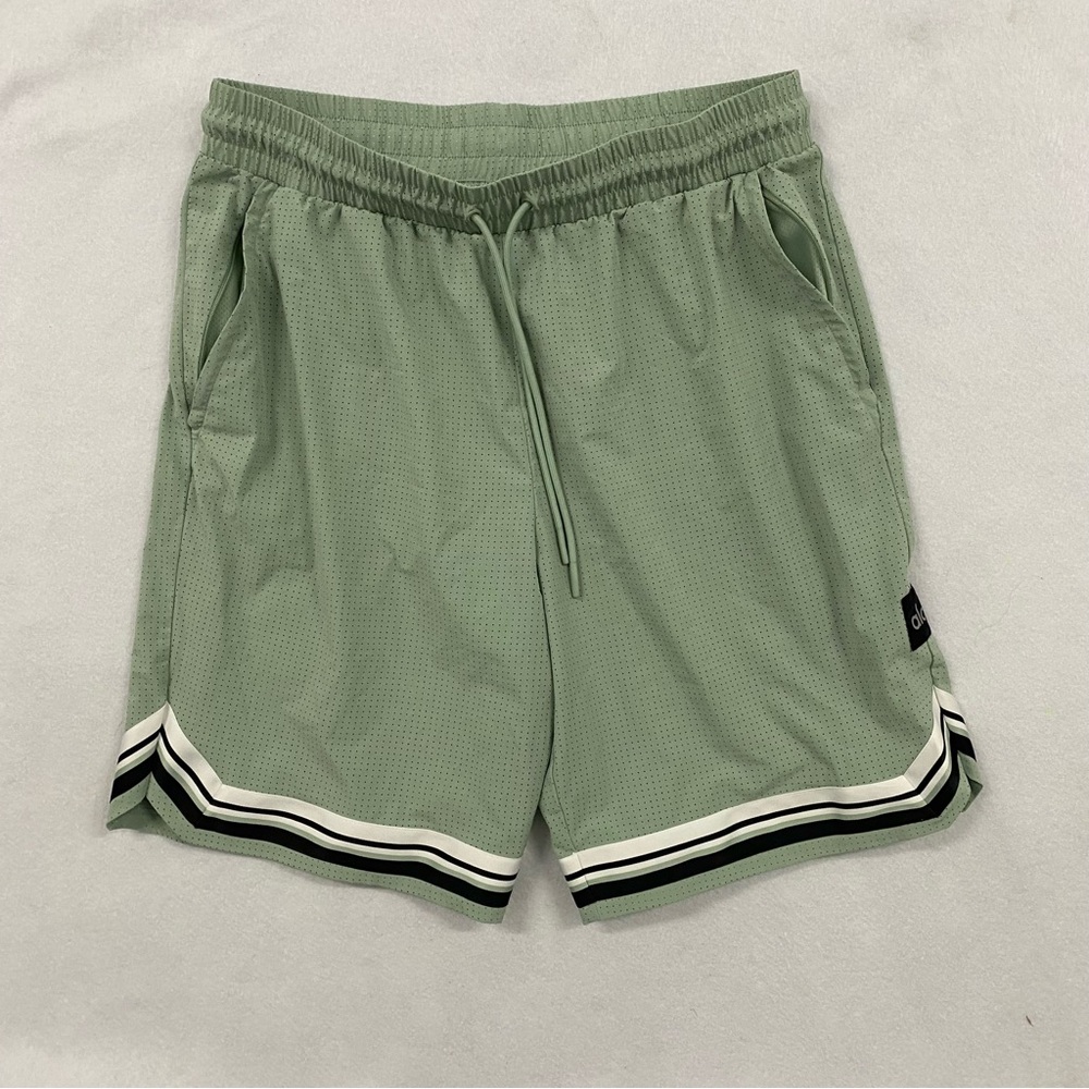ALO Yoga Men’s Athletic Shorts in Sage Green with Black and White Trim